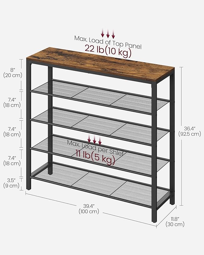 VASAGLE Shoe Rack, 5-Tier Shoe Storage Organizer with 4 Metal Mesh Shelves for 16-20 Pairs and Large Surface for Bags, for Entryway, Hallway, Closet, Industrial, Rustic Brown and Black ULBS15BX-NeatNest