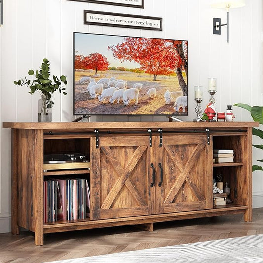 Farmhouse TV Stand for 55-65in TV with Adjustable Shelves & Sliding Barn Door - Rustic, Wooden Entertainment Center & Media Cabinet for Bedroom, Living Room (Dark Brown, 58in)-NeatNest