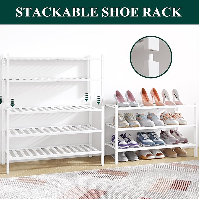 Smiry Bamboo Shoe Rack for Closet, 2 Tier Wooden Stackable Shoe Organizer, Free Standing Shoes Storage Shelf for Entryway, Front Door Entrance, White-NeatNest