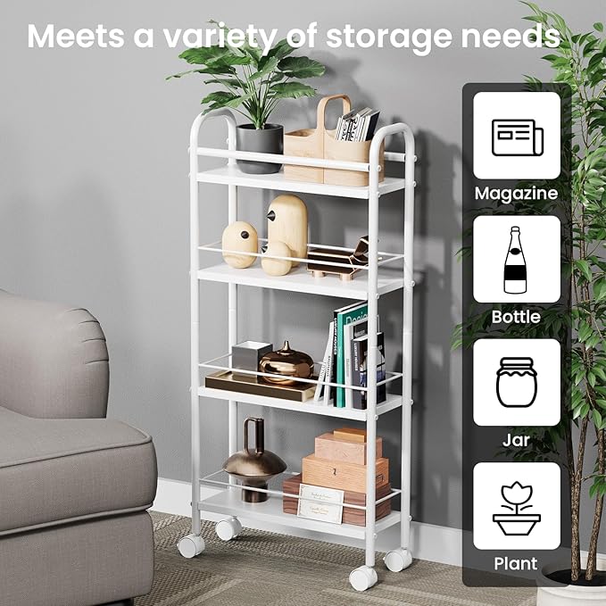 Slim Storage Cart, 4 Tier Rolling Utility Cart on Wheels, Narrow Shelving Unit Cart for Small Spaces in Kitchen, Dining Room, Bathroom, Laundry Room, White