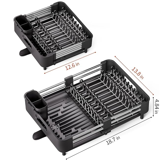 Dish Drying Rack for Kitchen Counter, Extendable Dish Rack with Drainboard, Expandable Dish Drainer, Collapsible Dish Strainer with Cutlery Holder, Foldable Home Countertop Plate Storage Rack, Black