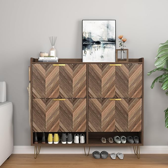 Vibe & Dine 4 Flip Drawer Shoe Cabinet, Mid Century Modern Shoe Organizer with Bottom Cubby, Hidden Shoe Cabinet with 2 Hooks, Freestanding Narrow Slim Shoe Rack Cabinet for Entryway, Foyer, Hallway-NeatNest