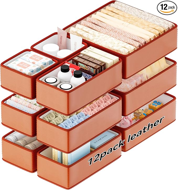 Vegan Leather Drawer Organizers,12 Pack Makeup Storage boxes,Vanity Drawer Luxury upgrade,Bedroom fabric Drawers replacement,bathroom organization and storage Optimal solution