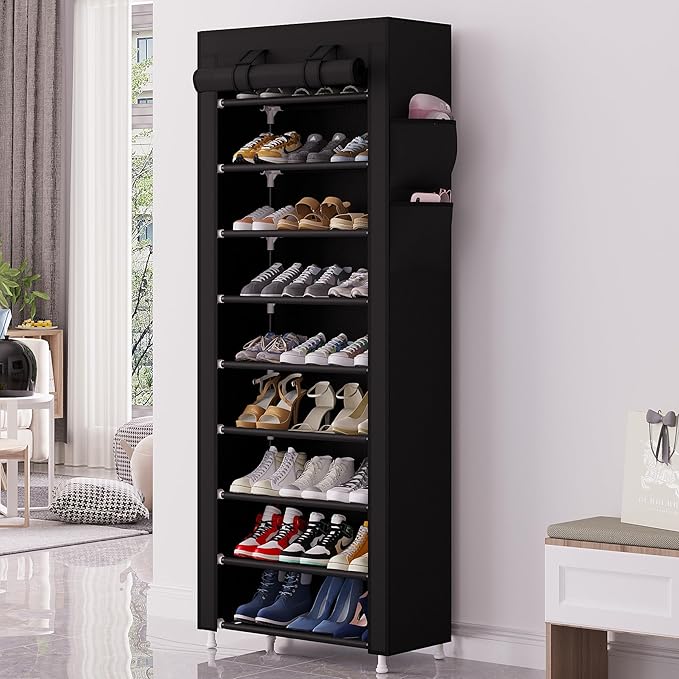 Calmootey 9 Tier Shoe Rack Organizer,Portable Shoe Shelf with Nonwoven Fabric Cover for Closet Hallway,Bedroom,Entryway,Black-NeatNest