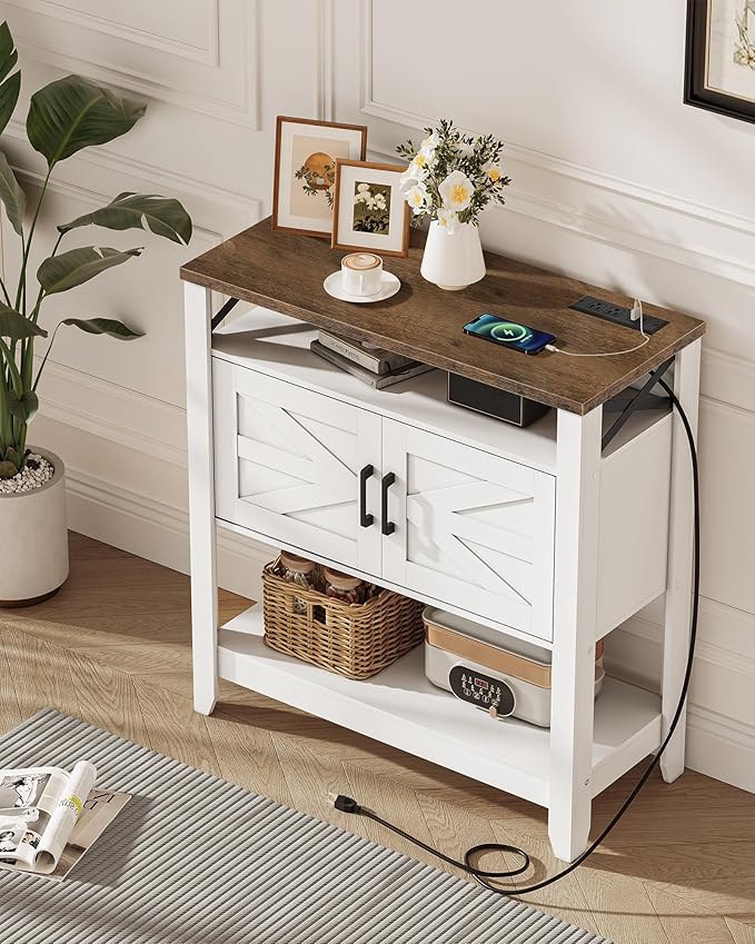 Console Table, Farmhouse Sofa Table with Power Outlet, Entryway Table with Cabinet and Open Shelves, Coffee Bar Cabinet with Storage for Entrance, Hallway, Kitchen, White and Walnut MXG01UWL-NeatNest