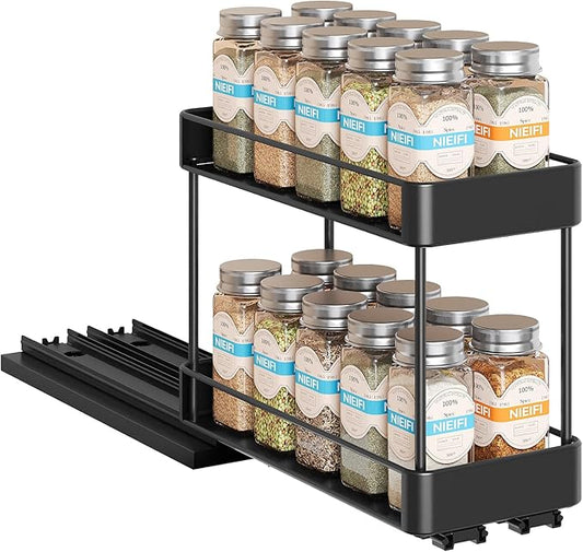 Nieifi Spice Rack Organizer for Cabinet, Vertical Spice Rack Pull Out, Easy to Install, Metal, 4.5''Wx10.35''Dx8.4''H, 1 Pack, 2 Tiers(Black)