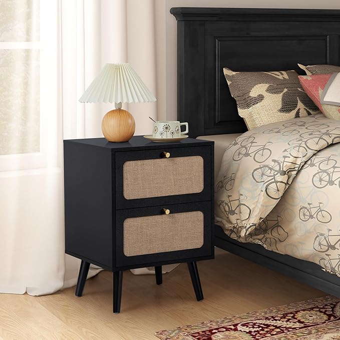 Mid Century Night Stand with 2 Drawers, Farmhouse End Table with Storage & Curved Linen Panel, Modern Nightstands Bedside Table Small Side Tables for Small Space, Bedroom (Black)