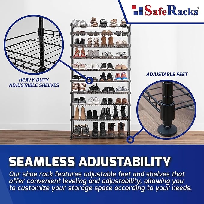 SafeRacks 10-Tier Shoe Rack - Black, Large Shoe Storage Organizer, 60 Pair, Heavy Duty Shoe Stand with Vertical Free Standing Shoe Shelf, Perfect for Entryway, Closet, Garage, & Bedroom Storage-NeatNest
