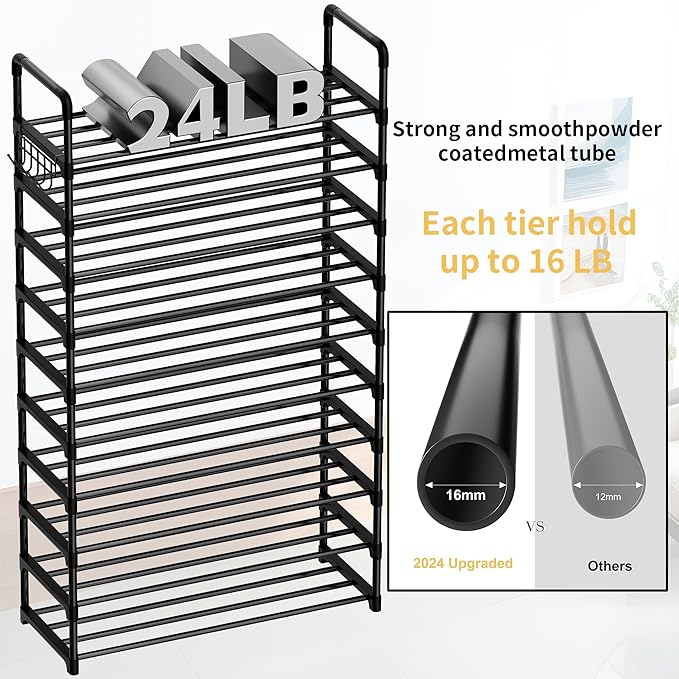 Shoe Rack, 10 Tier Shoe Storage Organizer with Hooks,Fit 40-45 Pairs Shoes,Metal Tall Shoe Shelf for Closet,Entryway, Hallway,Garage,Bedroom,Cloakroom-NeatNest