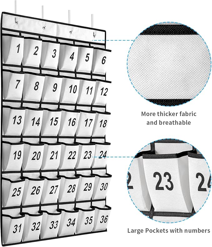 36 Pockets Numbered Classroom Pocket Chart for Cell Phones, Hanging Pocket Chart Storage for Classroom Phone Calculator Holder with 4 Stainless Steel Hooks (White-36pockets)-NeatNest