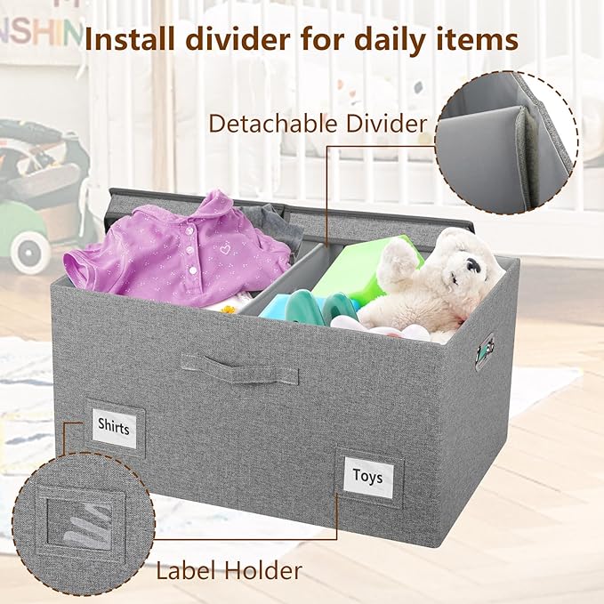 75 Quarts Extra Large Decorative Storage Bins with Lids, 3 Packs Gray Collapsible Storage Bins with Lids, Stackable Storage Bins Decorative Box Storage With Lid Extra Large-NeatNest