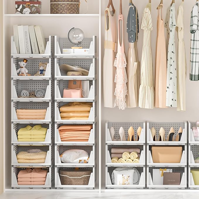 Neprock Clothes Organizers and Storage, 5 Pack Stackable Plastic Bins, Foldable Closet Organizers Drawers for Clothing storage (5L)（White）