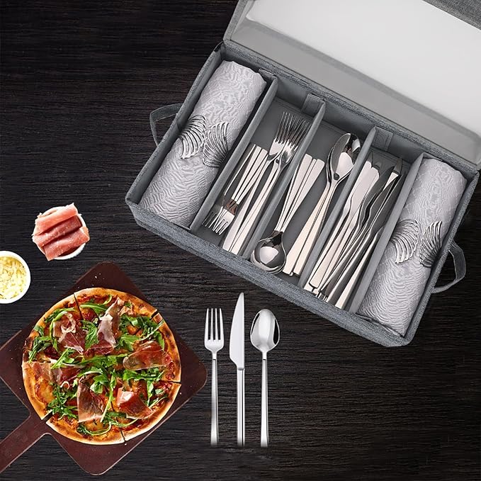 Joyfol Day Flatware Utensil Storage Case, Silverware Storage Box with Padded Dividers, Removable Cutlery Storage Holder with Handles and Removable Lid, for Protects and Organizes Cutlery, Grey-NeatNest