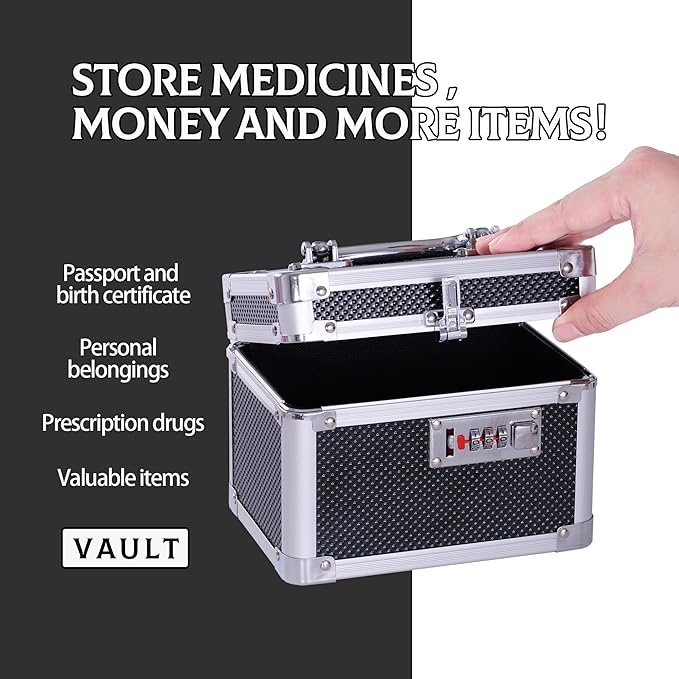 Small Medication Combination Lock Boxes with Code for Personal Items, Medicine Lockbox for Documents - 7.1 x 5.1 x 5.3 Inches Black