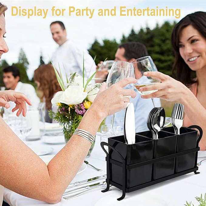 Cutlery Holder with Drain Holes, Dishwasher Safe Silverware Caddy for Party, Kitchen Counter, 3pcs Bins Set Countertop Utensil Holder for Spoons, Forks and Knives, Black-NeatNest