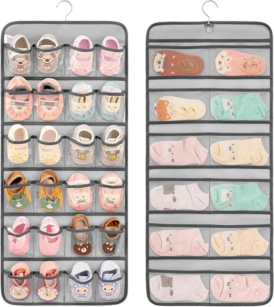 Dual-sided Hanging Baby Shoes Organizer Closet Toddler Shoe Storage Holder for Kids Bow Socks Underwear (GREY)-NeatNest