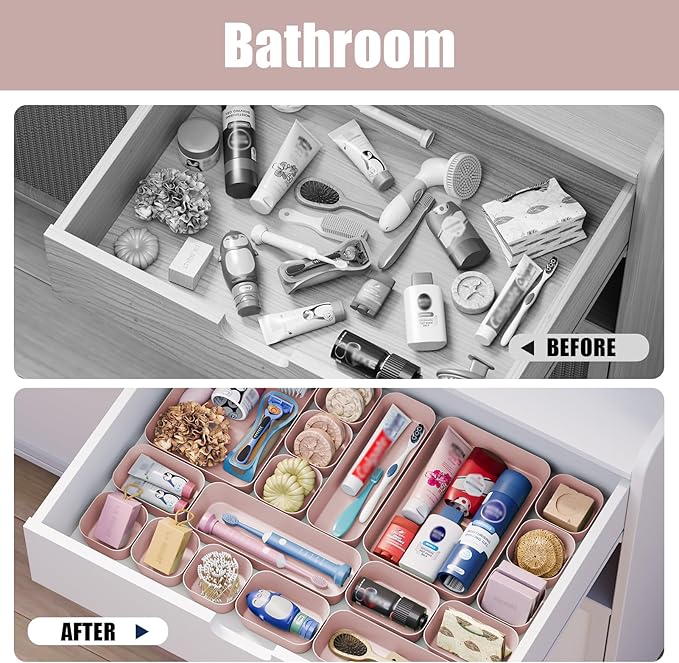 Plastic Drawer Organizers, 18 PCS Bathroom Drawer Organizer Bins, Desk and Vanity Organizer Plastic Tray, Makeup organizer and storage for Bedroom, Kitchen Gadgets Utensils and Office (Pink)-NeatNest