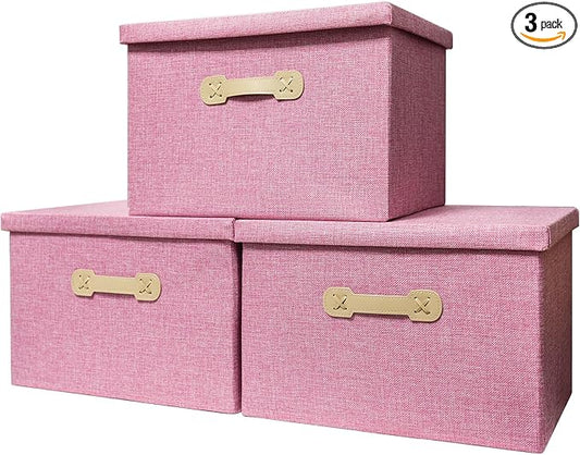 Enzk&Unity Decorative Storage Bins with Lids, Fabric Linen Foldable Storage Box with Handle Home Organizer for Shelf, Closet, Bedroom, Living Room, Office, 3 Packs, Pink-NeatNest