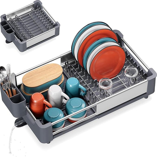 TOOLF Dish Drying Rack for Kitchen Counter, Extendable Dish Rack with Drainboard, Expandable Dish Drainer, Collapsible Dish Strainer with Cutlery Holder, Foldable Home Plate Rack, Alu Gray