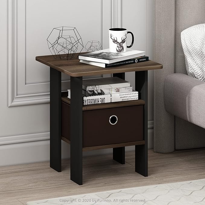 Furinno Andrey End Table Nightstand with Bin Drawer, Amber Pine/Black, Set of 2