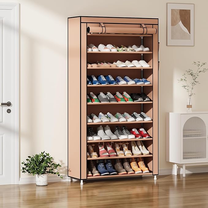 Laiensia 9-Tier Vertical Shoe Rack Organizer, Space Saving Shoe Storage Organizer, Non-Woven Cover Shoe Shelf Holds 36-45 Pairs for Bedroom, Hallway, Closet Entryway, Brown-NeatNest