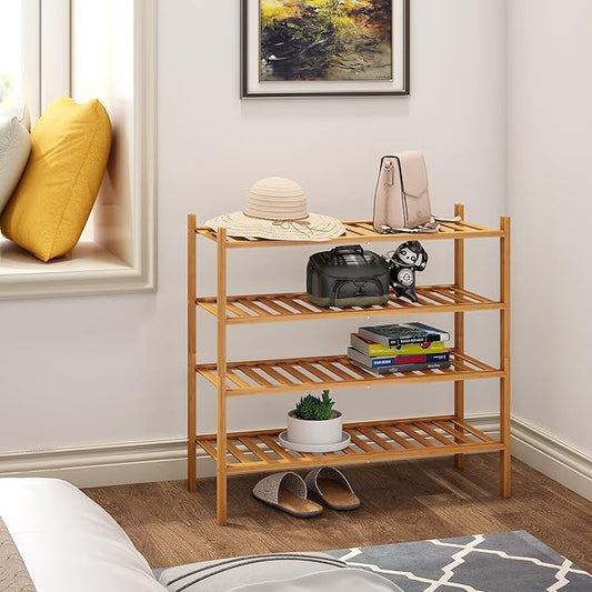 BMOSU 4-Tier Bamboo Shoe Rack Premium Stackable Shoe Shelf Storage Organizer for Hallway Closet Living Room Entryway Organizer (Natural Bamboo)-NeatNest
