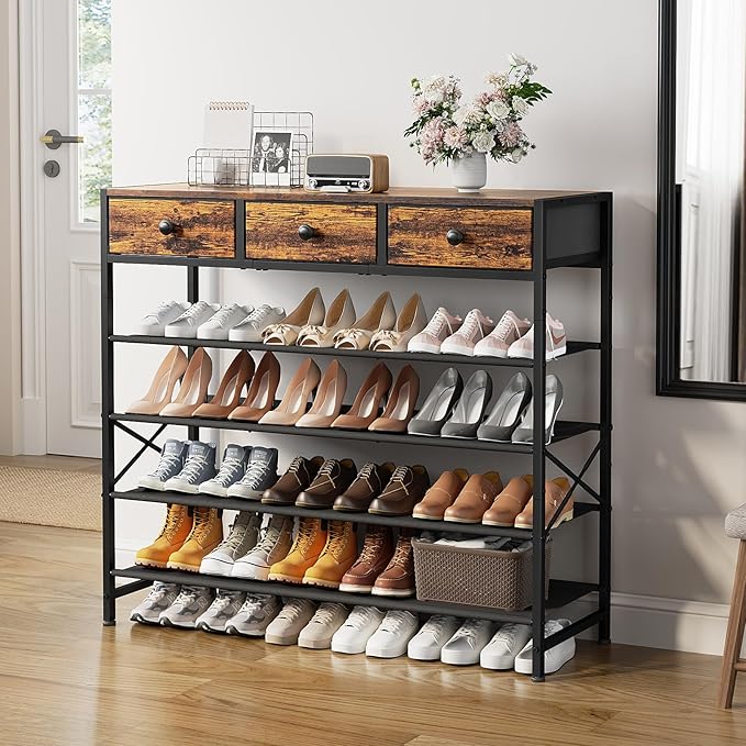 Shoe Rack, 5 Tier Shoe Organizer with 3 Drawers, Metal Shoe Storage for 24-30 Pairs of Shoes with Fabric Shelves and Wooden Top, Narrow Shoe Shelf for Closet Entryway Rustic Brown-NeatNest