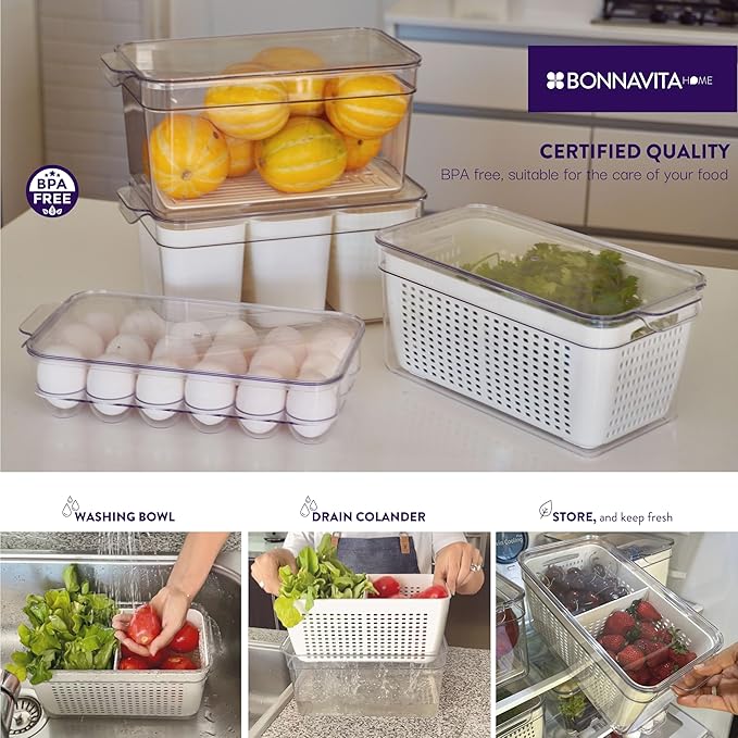Clear Stackable Storage Containers with Lids BPA-Free Organizer Bins for Refrigerator Pantry Fridge Drawer with Colander and Dividers for Kitchen Food Preservation and Home Organization BPA Free-NeatNest