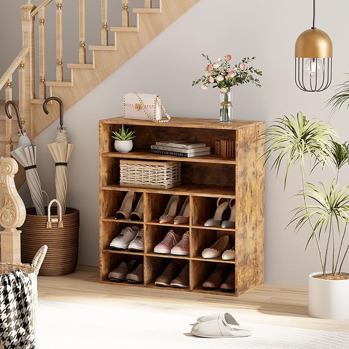 Garden 4 you Shoe Rack Organizer, 5-Tier Wood Cubby Shoe Rack with 2 Storage Shelf and 9 Cubbies, Shoe Organizer Cabinet for Entryway, Hallway, Closet and Garage,Brown-NeatNest