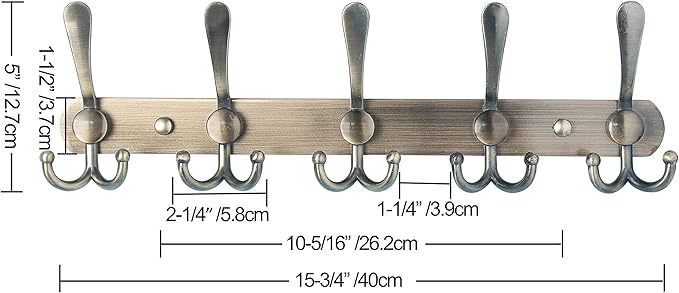 Dseap Wall Mounted Coat Rack - 5 Tri Hooks, Heavy Duty, Stainless Steel, Metal Coat Hook Rail for Coat Hat Towel Purse Robes Mudroom Bathroom Entryway (Bronze, 2 Packs)-NeatNest