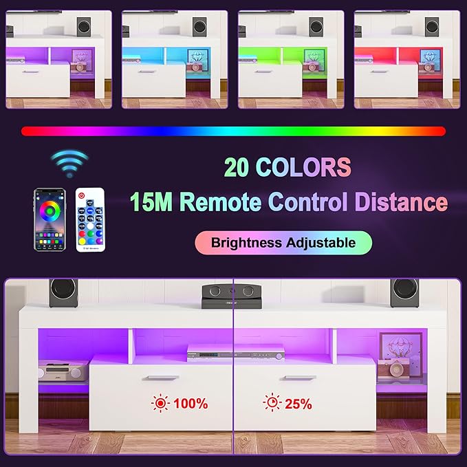 Clikuutory Modern Lighting 63 inch TV Stand with Large Storage Drawer for 50 55 60 65 70 75 Inch TVs, TV Console with 20 Color LED Lights, Entertainment Center Media and Open Shelf for Bedroom, White-NeatNest