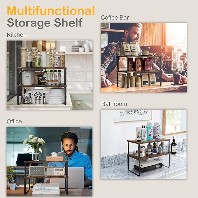 Cabinet Shelf Organizers, 15.7 inches Large Kitchen Counter Shelf, Set of 4 Wood Kitchen Pantry Organizer, Storage Shelves for Countertop, Spice Rack, Stackable, Expandable, Metal Black, Brown-NeatNest