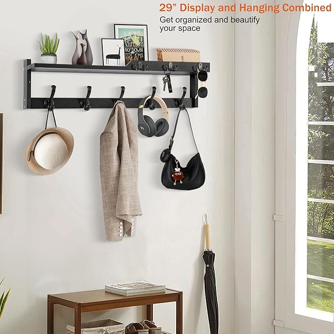 29'' Coat Rack Wall Mount with Shelf, Coat Hanger Wall Mount with Key Hooks and Mail Holder, Wood Entryway Floating Shelf with Hooks and Storage, Hat Rack for Wall Key Holder Mail Organizer