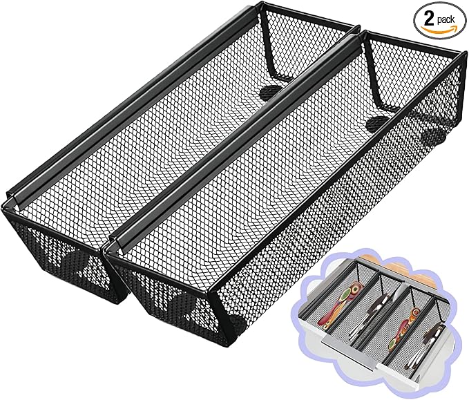 2PCS Drawer Organizer, Mesh Drawer Organizer with Interlocking Arm for Utensil, Cosmetic, Flatware, Pen (9 * 3 * 2 Inches, Black)-NeatNest