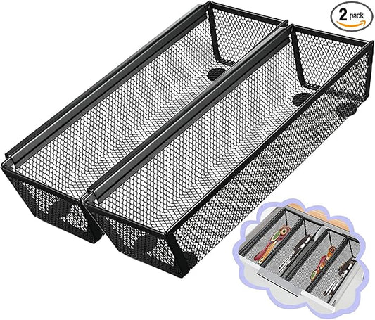 2PCS Drawer Organizer, Mesh Drawer Organizer with Interlocking Arm for Utensil, Cosmetic, Flatware, Pen (9 * 3 * 2 Inches, Black)-NeatNest
