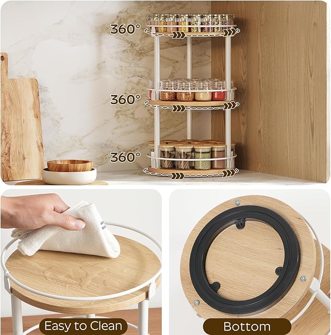 3-Tier Lazy Susan Organizer, Rotating Spice Rack, Spinning Organizer, Industrial Turntable Spice Rack Organizer for Cabinet, Kitchen Countertop, Pantry, White and Natural SR23WN-NeatNest