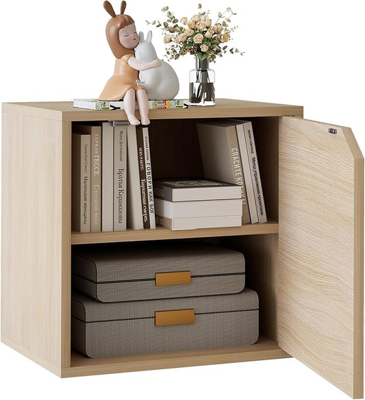 Garden 4 You Cube Storage Organizer Shelf, 2 Tiers Stackable Bookshelf With Door, Wooden Display Bookcase, Small Cabinet for Living Room Bedroom, Natural-NeatNest