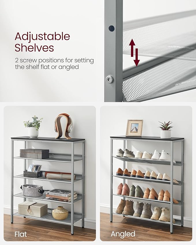 VASAGLE Shoe Rack for Entryway, 5-Tier Shoe Rack Organizer with Storage Shelves and Spacious Top, Freestanding, Adjustable, Industrial, Charcoal Grey and Metallic Silver ULBS038E22-NeatNest
