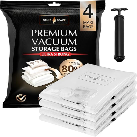 GENIE SPACE Max Vacuum Storage Bags - Pack of 4, 43x35in | Strong XXL Jumbo Size Space Saving Bags | Premium Airtight & Reusable Vacuum Bag for Clothes, Duvets, Curtains, etc. | inc Travel Pump-NeatNest