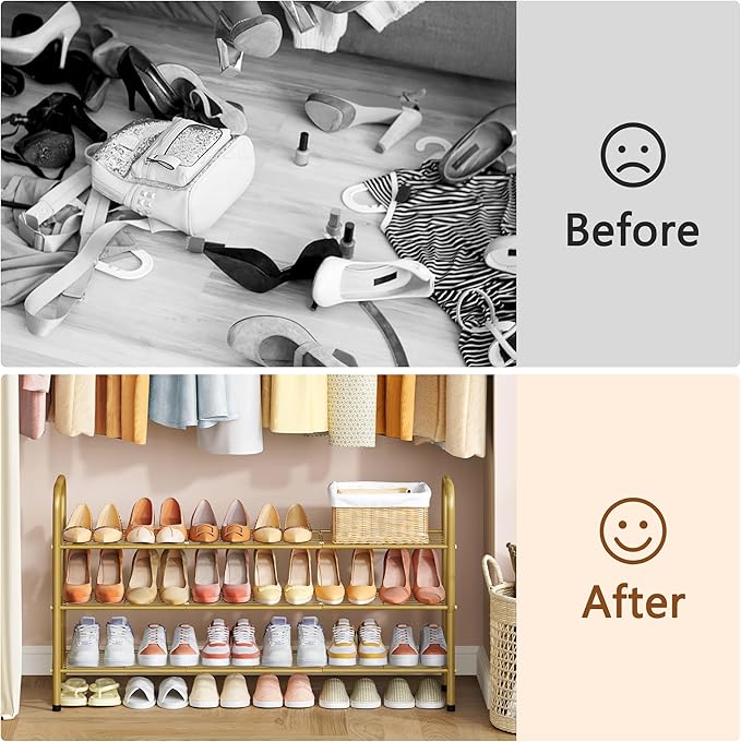 Hoctieon 3 Tier Mesh Style Shoe Rack, Entryway Shoe Shelf, Shoe Storage Organizer, Shoe Rack for Closet, Space Save for Bathroom, Garage, Hallway, Bedroom, Living Room, Gold-NeatNest