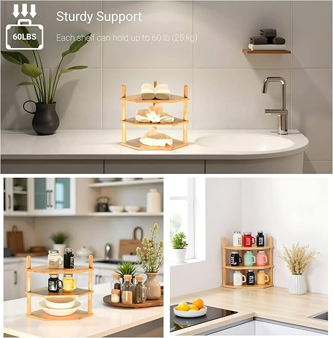 Expandable Bamboo Corner Shelf for Cabinet - 2-5 Tiers Plate Organizer, Kitchen Space Saver, Minimal Tool Assembly (Powered by Gogogo)(2 Tier) (Nature, 3.9" H(3 Tier))-NeatNest