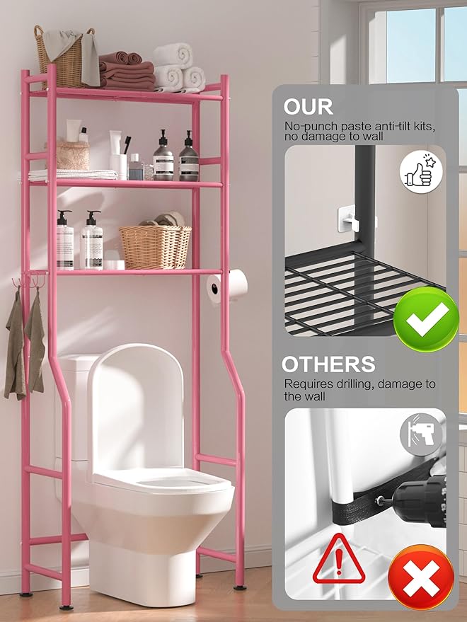 3-Tier Over The Toilet Storage, Space Saver Metal Bathroom Shelves, Freestanding Above Over Toilet Storage Shelf with 4 Hooks for Bathroom, Pink-NeatNest