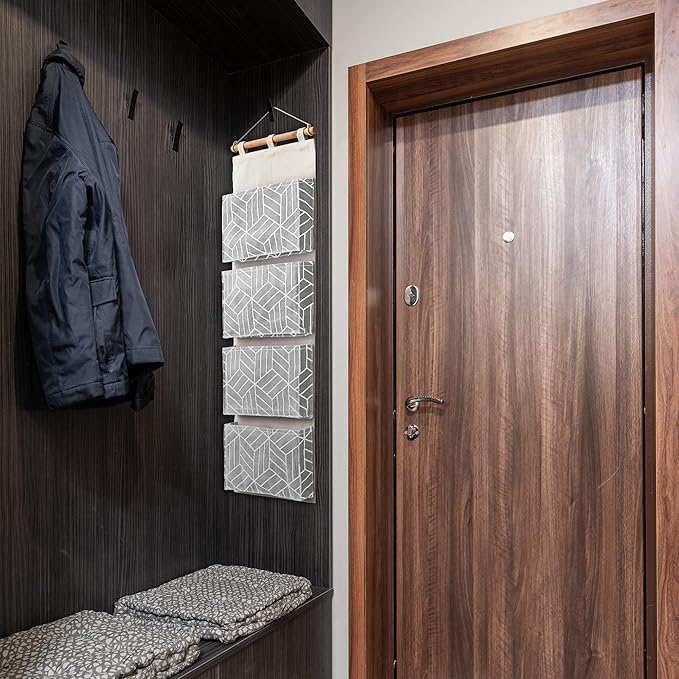 CROWNED 2Pcs Over Door Hanging Storage Bags Wall Mount Closet Organizer, 4 Big Pockets Linen Cotton Fabric Multi Functional Living Room Bedroom Bathroom File Magazine Waterproof Free Hooks Grey-NeatNest