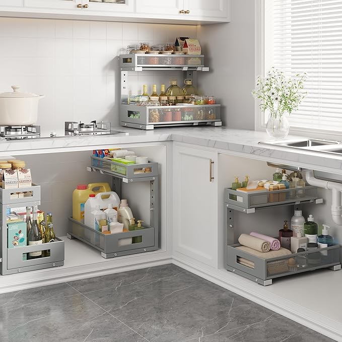 1 Pack-11.4"-16.14" H Under Sink Storage Organizer, Large 2-Tier Elegant Mesh Pull Out Shelf for Kitchen & Bathroom Cabinet Organization, L-Shaped, Adjustable Height-Gun Gray-NeatNest