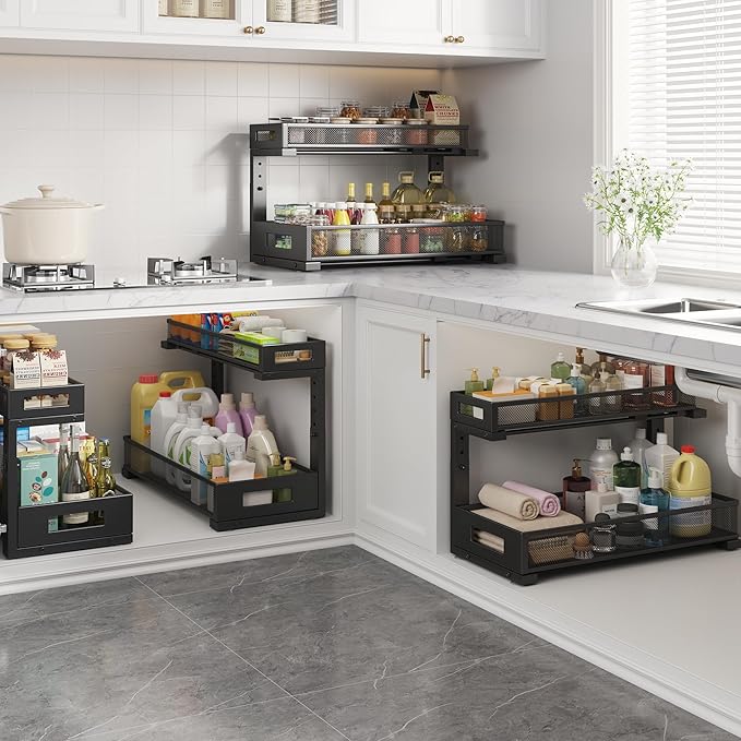2 Pack 19IN Depth Under Sink Storage Organizer, Large 2-Tier Elegant Mesh Pull Out Shelf for Kitchen and Bathroom Cabinet Organization, L-Shaped and Adjustable Height Design-Black-NeatNest