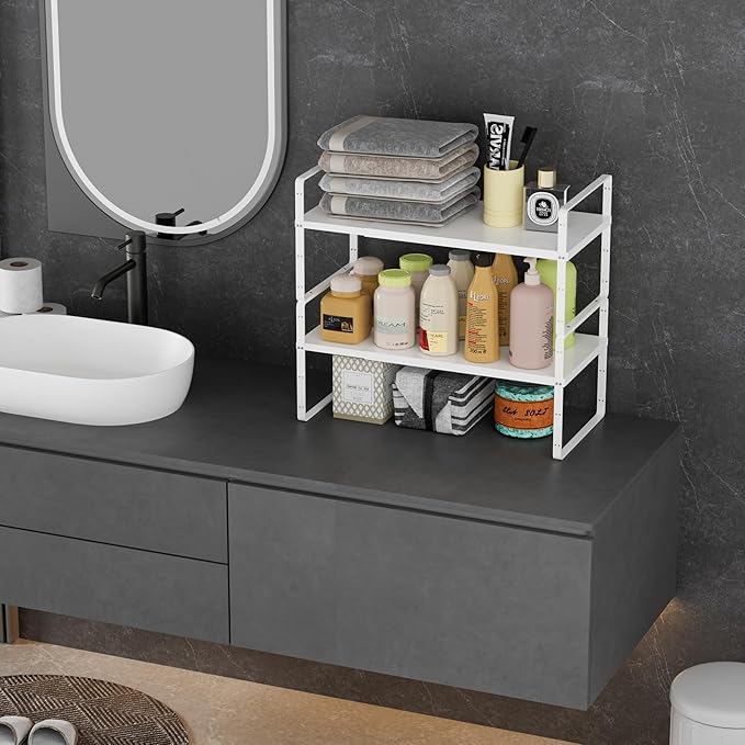 Cabinet Organizer Shelves,Expandable Pantry Counter Shelves,Stackable Under Sink Inside Cabinet Storage Spice Racks for Kitchen Bathroom Home Office,3 Packs,10.24" D,White