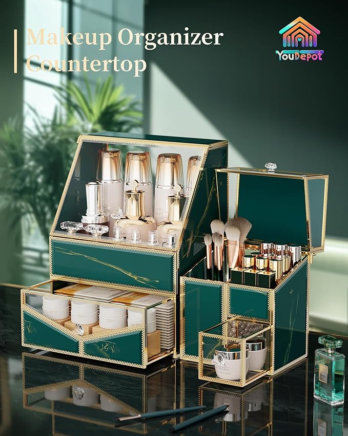 Glass Makeup Organizer for Vanity and Bathroom Countertop – Large Cosmetic Display Case and Skincare Storage Solution