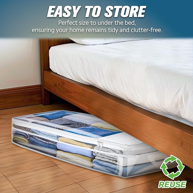 HIBAG 20 Gallon Under Bed Storage Containers, Underbed Clothing Storage Bins, Clear Plastic Organizer with Reinforced Handles, for Clothes Comforters Blankets Towels Pillows Bedding (2 Pack)-NeatNest