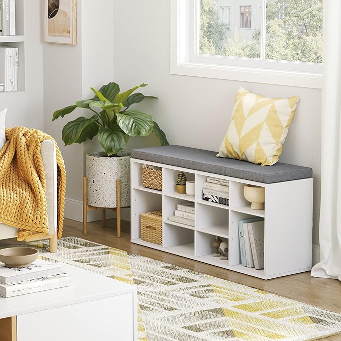 DINZI LVJ Shoe Storage Bench with Cushion, Cubby Shoe Rack with 12 Cubbies, Adjustable Shelves, Multifunctional Shoe Organizer Bench for Entryway, Mudroom, Hallway, Closet and Garage, White-NeatNest