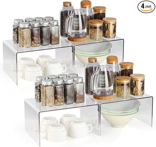 Acrylic Kitchen Cabinet Organizer Shelf, Spice Rack, Plate and Cupboard Storage Riser, Versatile Pantry Shelf, Durable Clear Countertop Organizer for Home and Kitchen(4 PCS)-NeatNest
